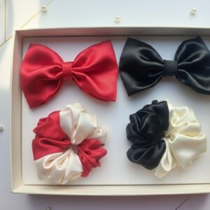 silken luxe: handcrafted satin bows & two tone scrunchies.