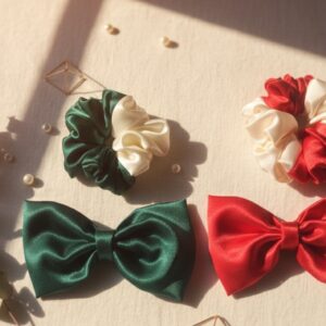the heirloom satin collection: classic bows & velvet touch scrunchies.