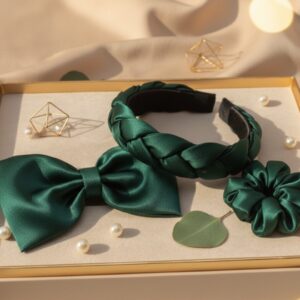 luxe satin hair essentials: bows, scrunchies, & headbands.