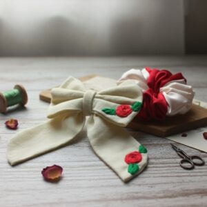 artisanal satin hair collection: bows & gentle scrunchies.