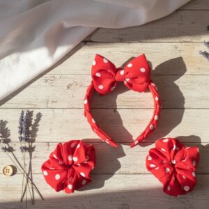 the timeless red & cream satin trio combo: braided headband, bow, & scrunchie set.