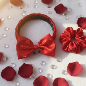 ruby red satin trio combo: headband, bow & scrunchie set.