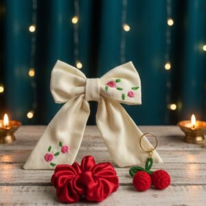 handmade sunflower accessory set – embroidered linen hair bow, satin scrunchie, and crochet keychain