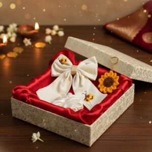 handmade sunflower accessory set – embroidered linen hair bow, satin scrunchie, and crochet keychain