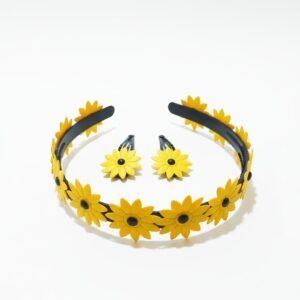 handmade sunflower accessory set – embroidered linen hair bow, satin scrunchie, and crochet keychain