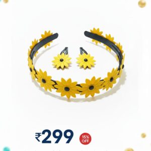 handmade sunflower accessory set – embroidered linen hair bow, satin scrunchie, and crochet keychain