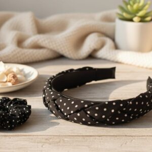 polka dot headband and scrunchie set, black with white dots, fabric hair accessories, 2 pieces