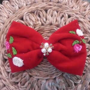 handcrafted crimson red velvet hair bow with rose embroidery