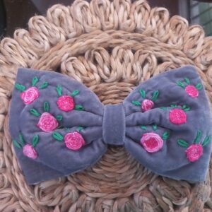 handcrafted grey velvet hair bow with pink rosette embroidery