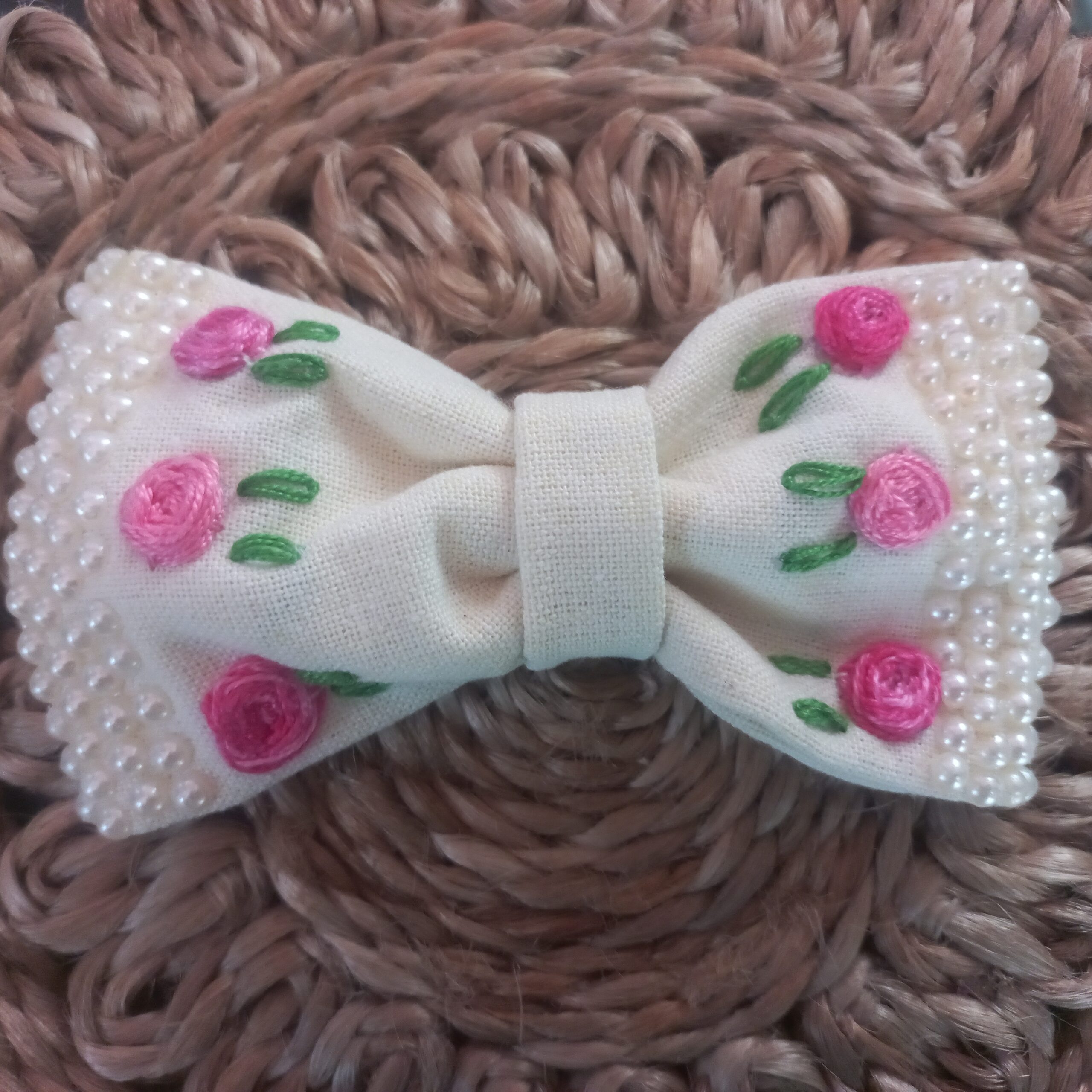 handcrafted off white hair bow with rose embroidery and pearl edging handcrafted off white hair bow with rose embroidery and pearl edging